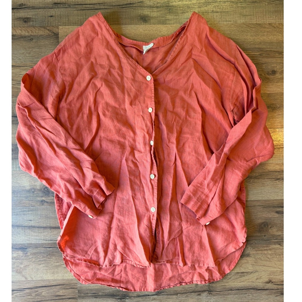 J.Crew Linen Relaxed V-Neck Button Down Coral Top Womens M coastal fisherman